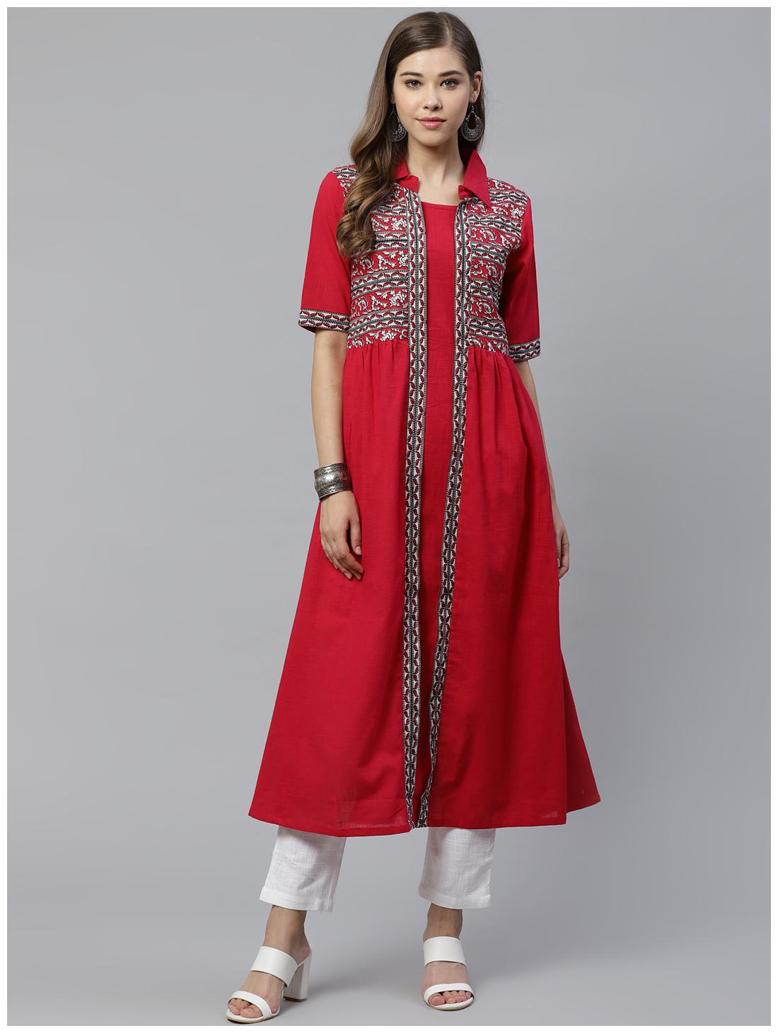 

Yash Gallery Women Red Printed Regular Kurta With Pants
