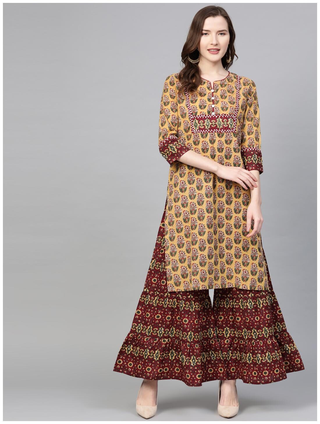 

Yash Gallery Women Mustard Floral Straight Kurta With Sharara