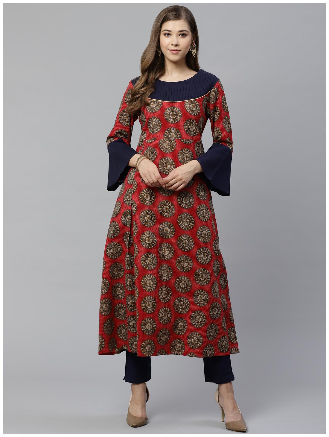 

Yash Gallery Women Red Printed Straight Kurta With Pants