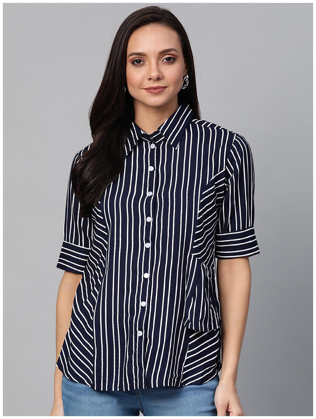 

Yash Gallery Women Blue Striped Regular Fit Shirt