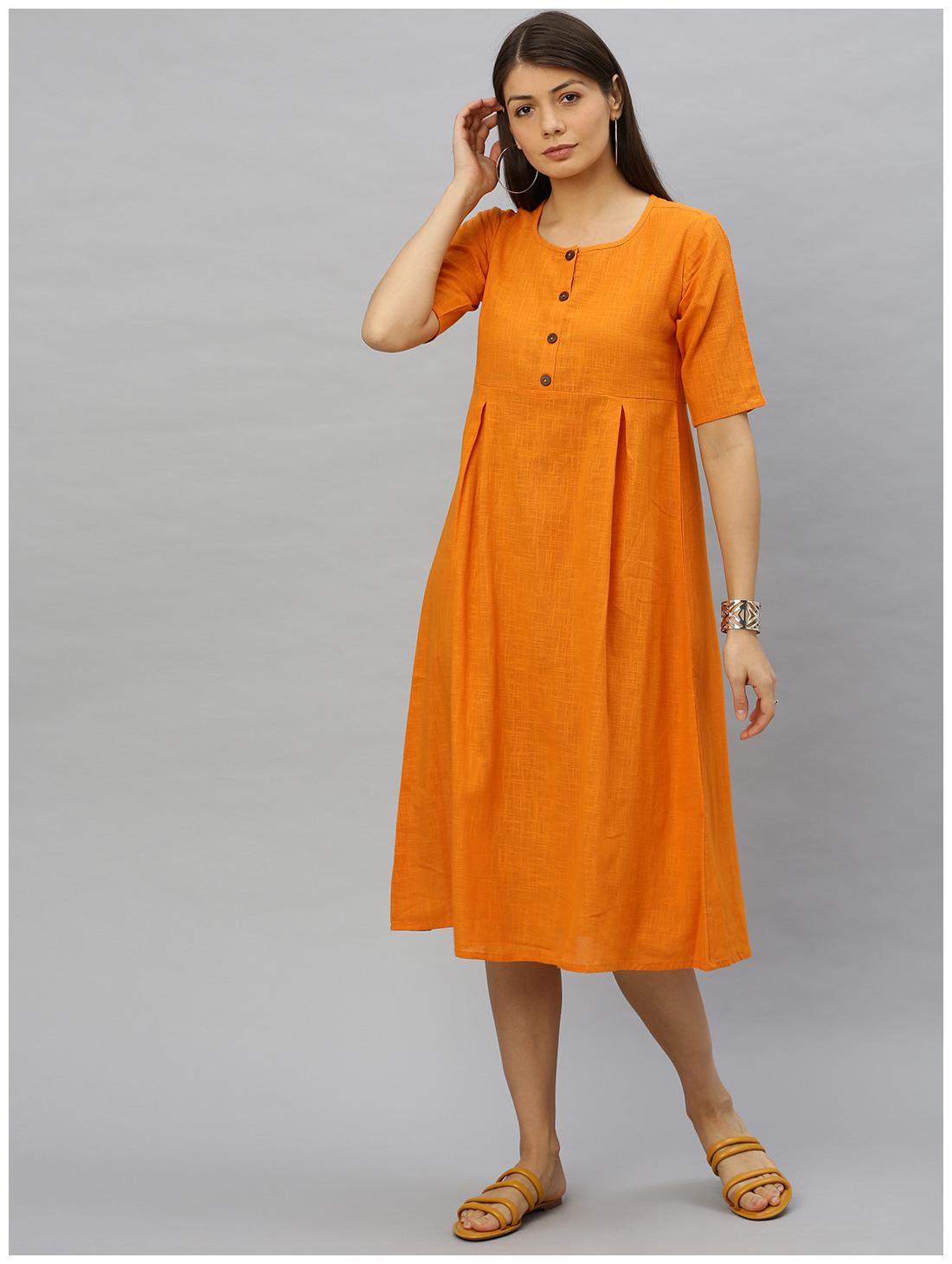 

Yash Gallery Cotton Mustard Solid Fusion Dresses For Women