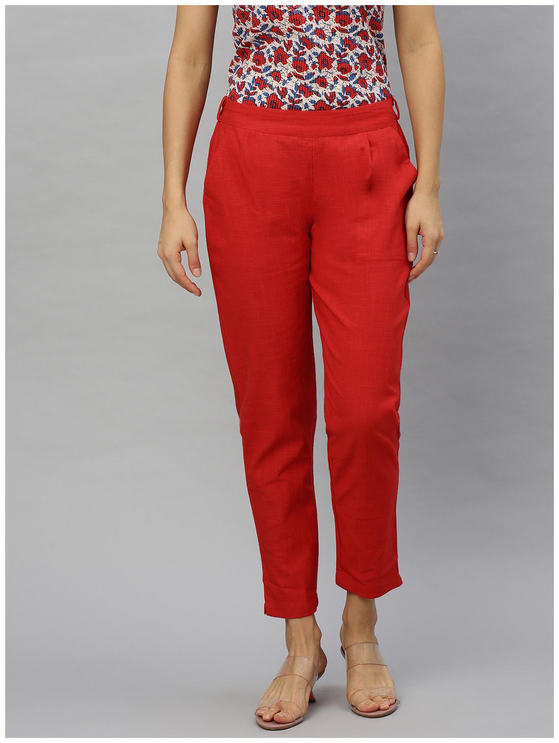 

Yash Gallery Cotton Solid Red Trouser Pants For Women