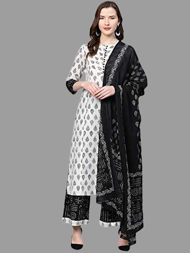 

Yash Gallery Women White Printed Anarkali Kurta With Palazzo And Dupatta