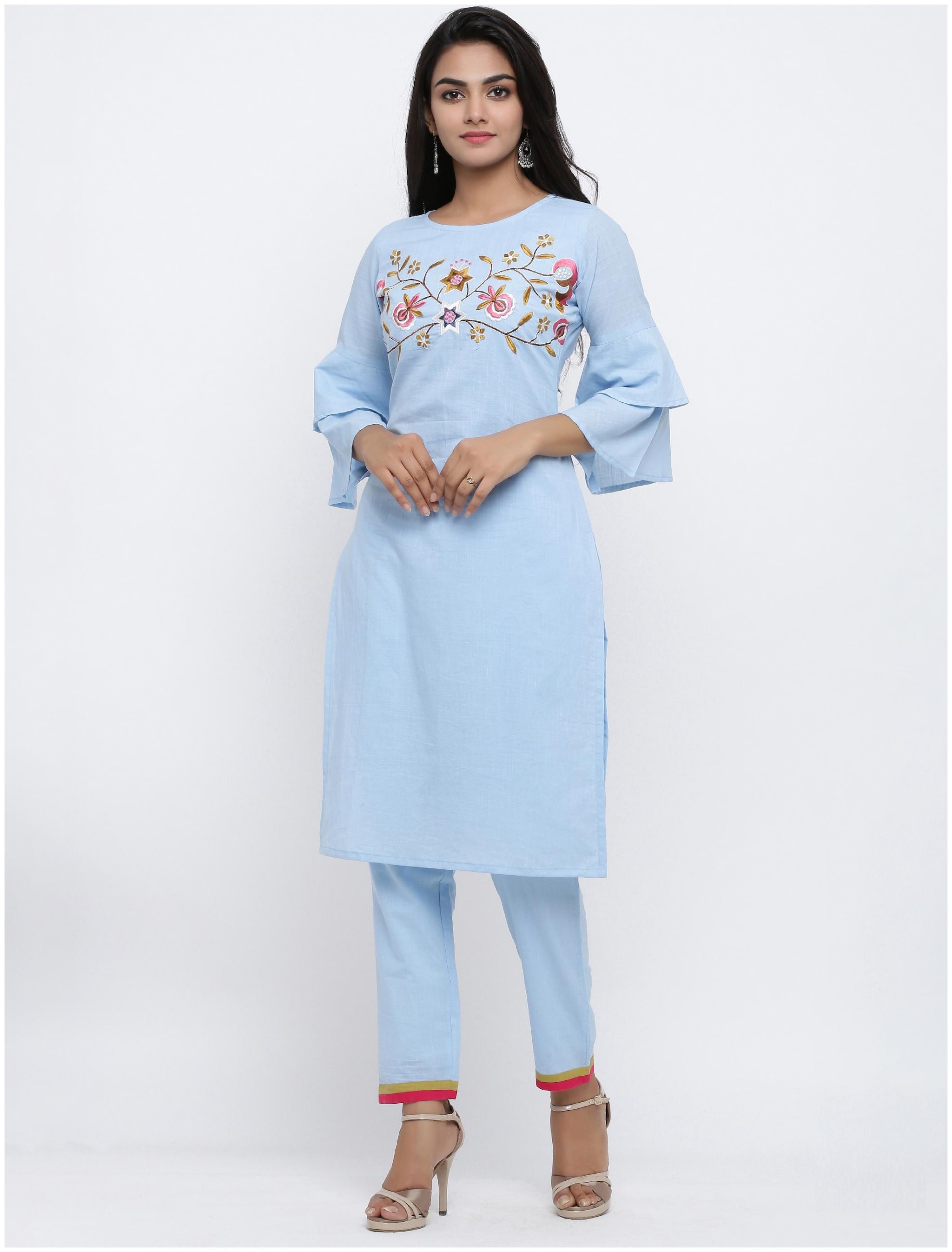 

Yash Gallery Cotton Embroidery Kurta With Pants Blue