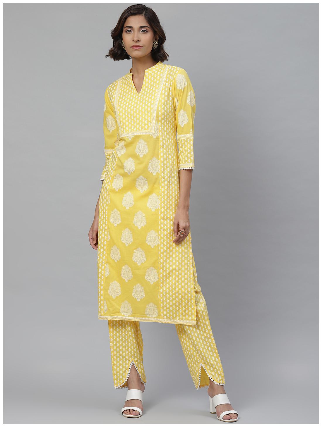 

Yash Gallery Women Yellow Floral Straight Kurta With Pants
