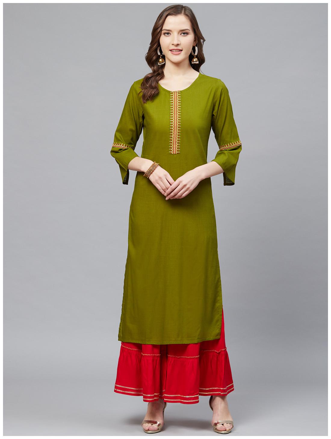 

Yash Gallery Viscose Rayon Olive Embroidered Kurta For Women