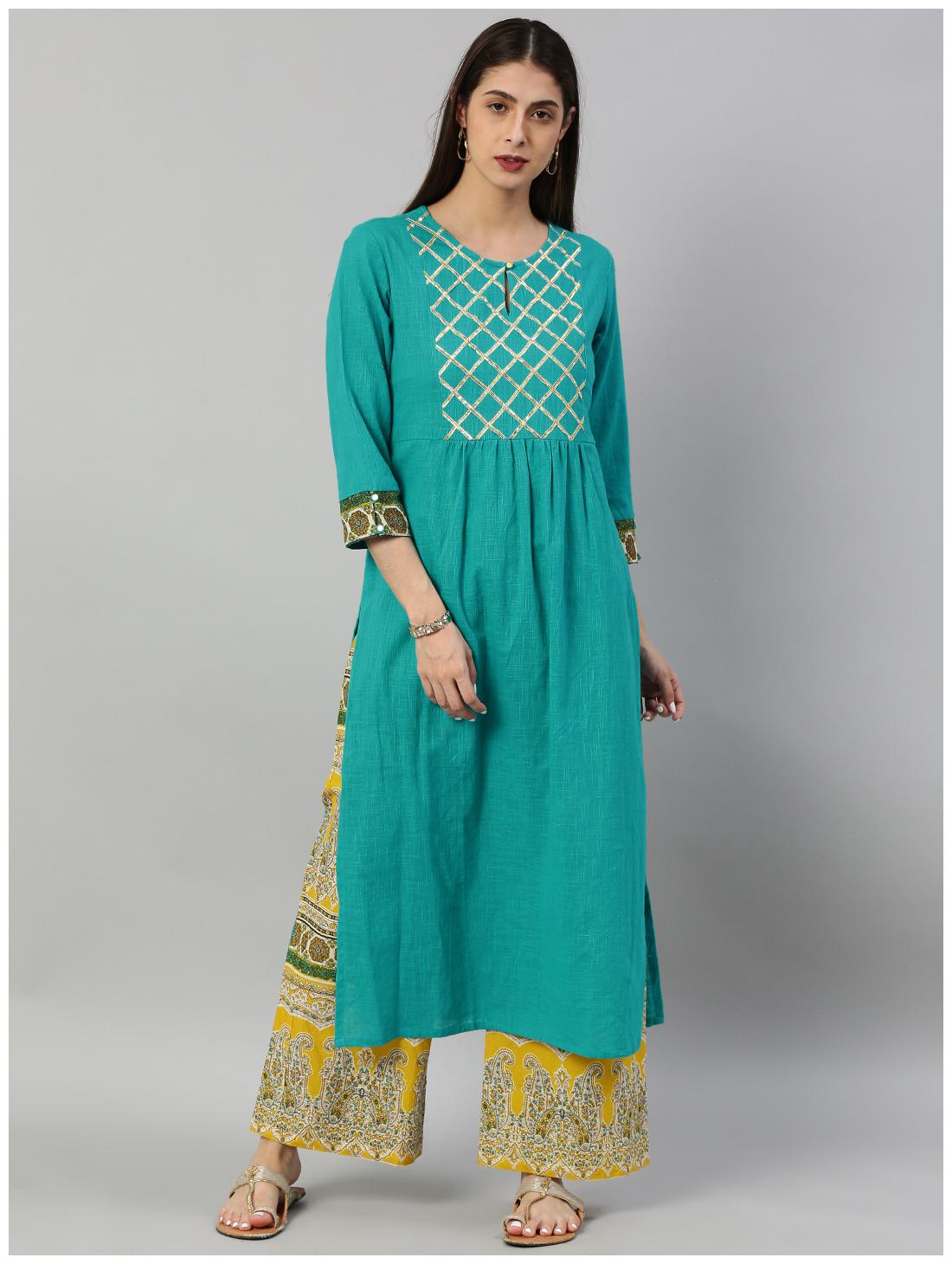 

Yash Gallery Womens Blue Cotton Blend Checkered Kurta and Palazzo