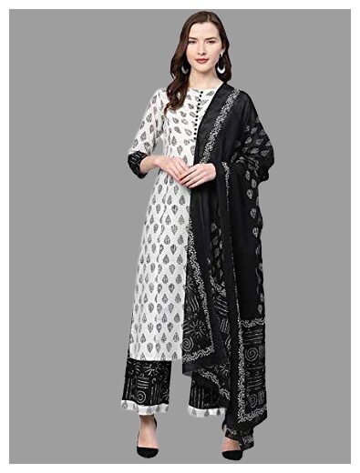 

Yash Gallery Women White Printed Anarkali Kurta With Palazzo And Dupatta