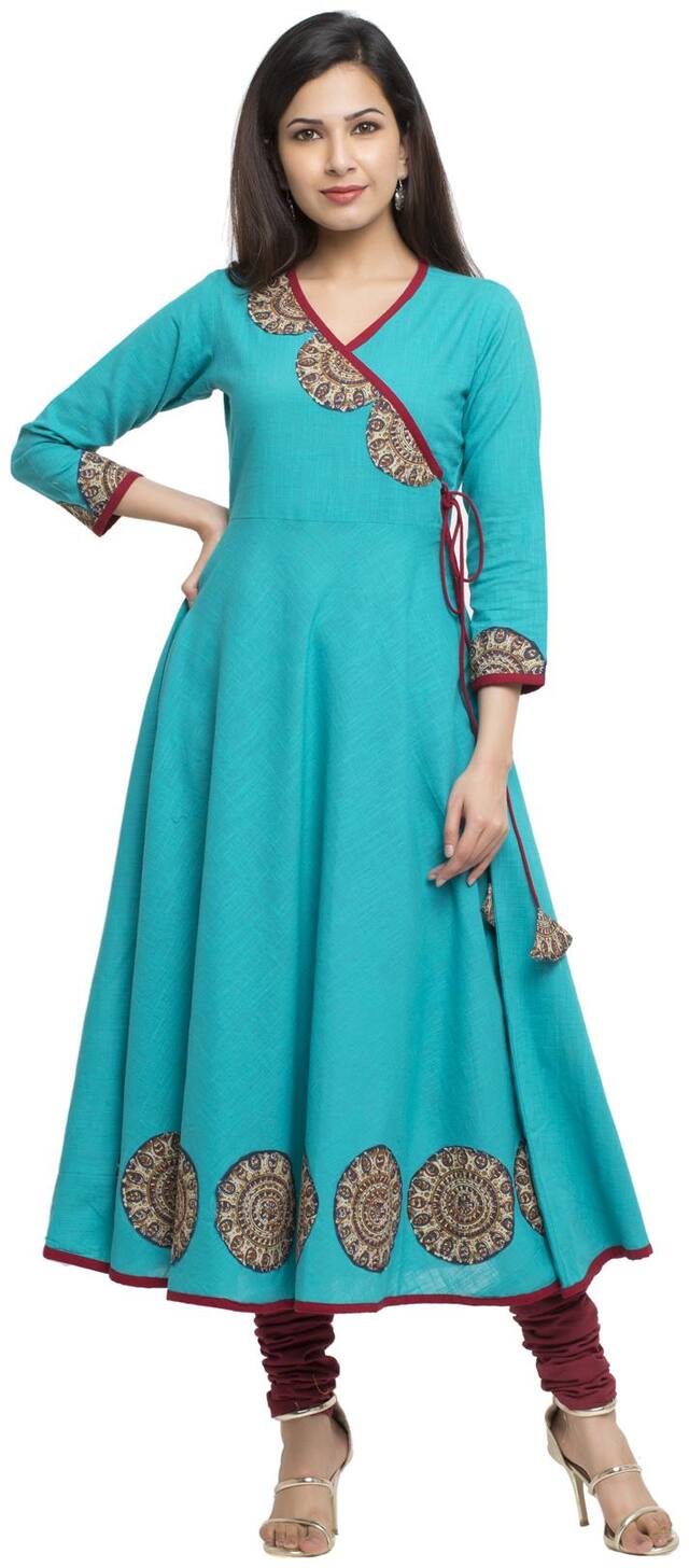 Yash Gallery Women Turquoise Printed Angrakha Kurta