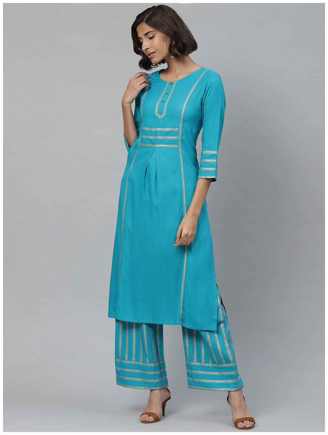 

Yash Gallery Women Turquoise Geometric Straight Kurta With Palazzo