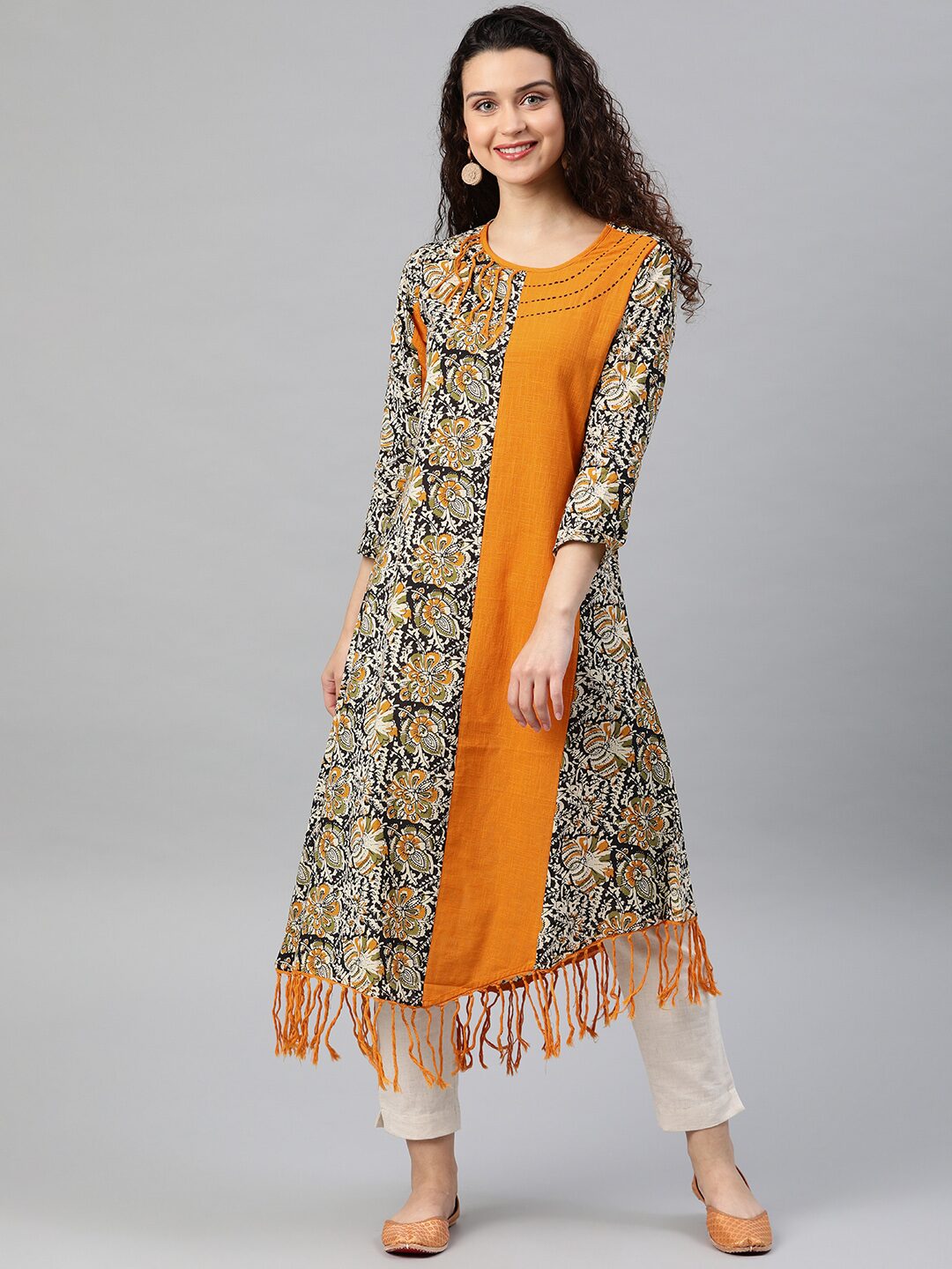 

Yash Gallery Women s Brown Kalamkari Print Fringed A-Line Kurta