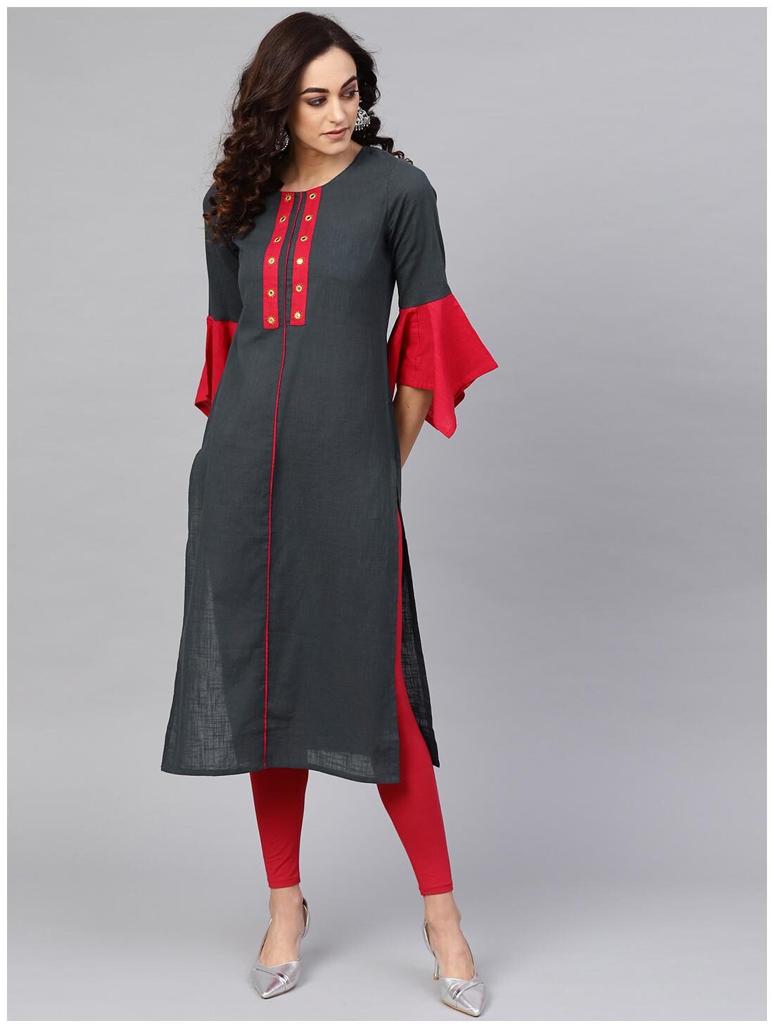 

Yash Gallery Women Grey Embroidered Straight Kurta