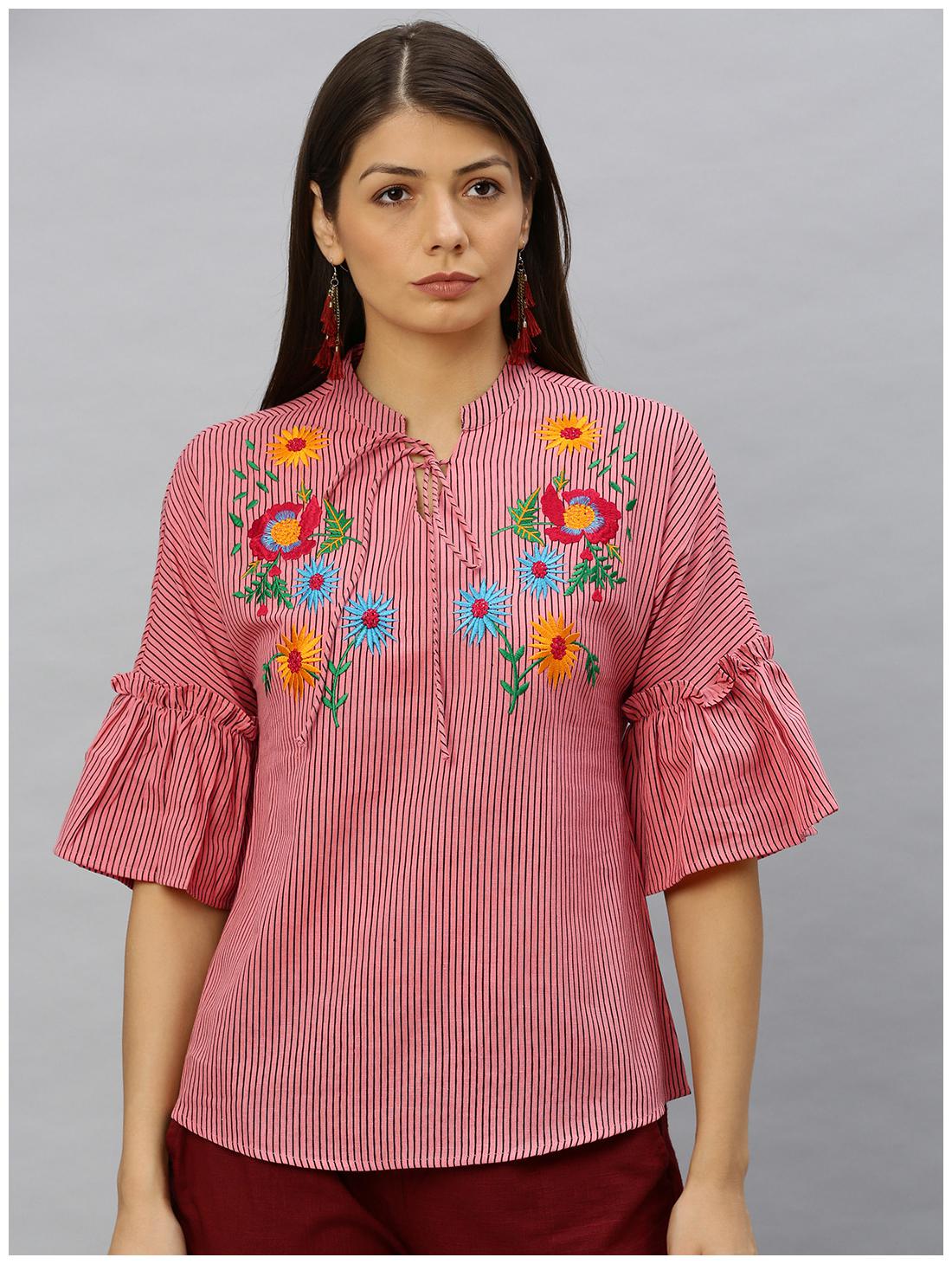 

Yash Gallery Women Striped Regular top - Pink