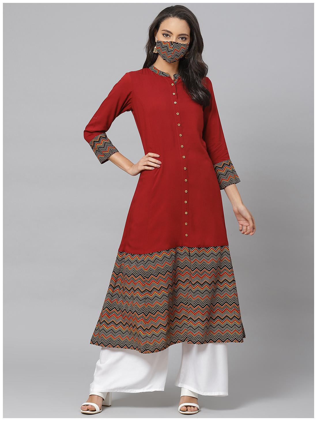 

Yash Gallery Women Maroon Viscose Rayon Geometric Kurta with Mask