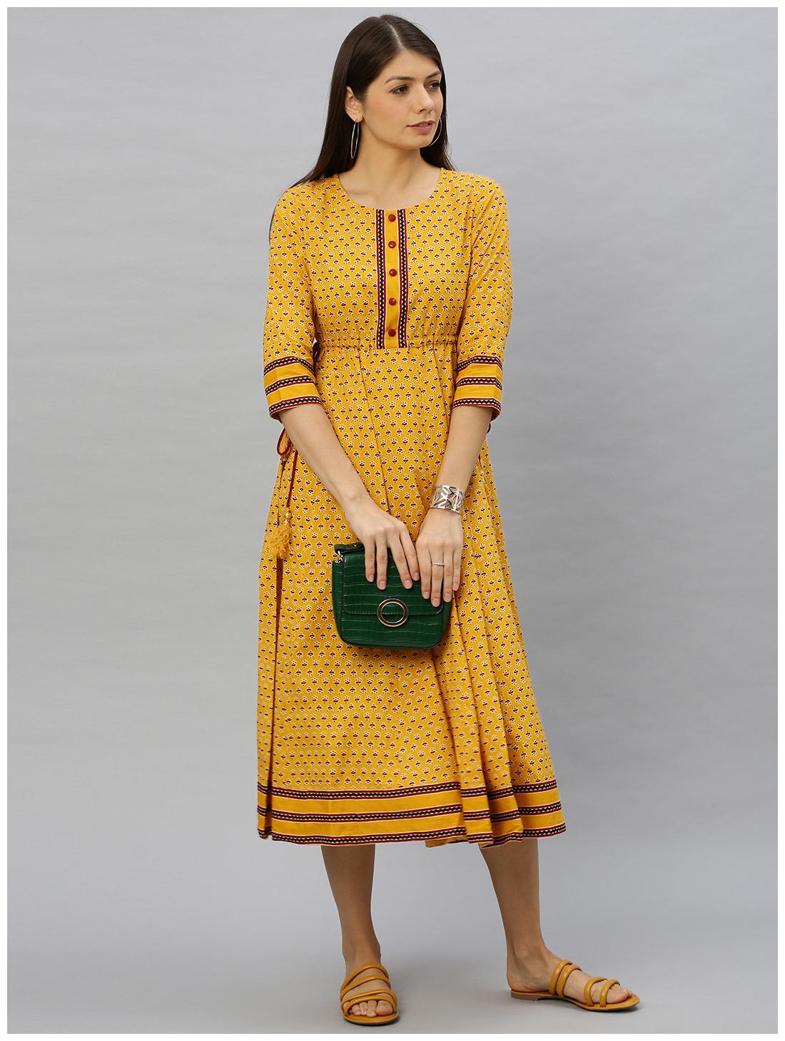 

Yash Gallery Cotton Floral Yellow Fusion Dresses Women