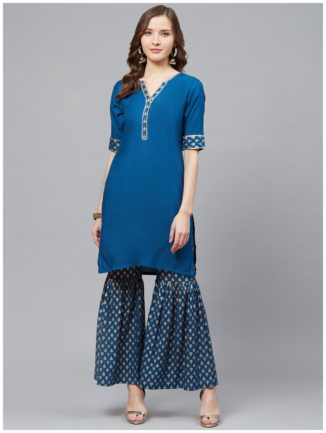 

Yash Gallery Women Blue Printed Straight Kurta With Sharara