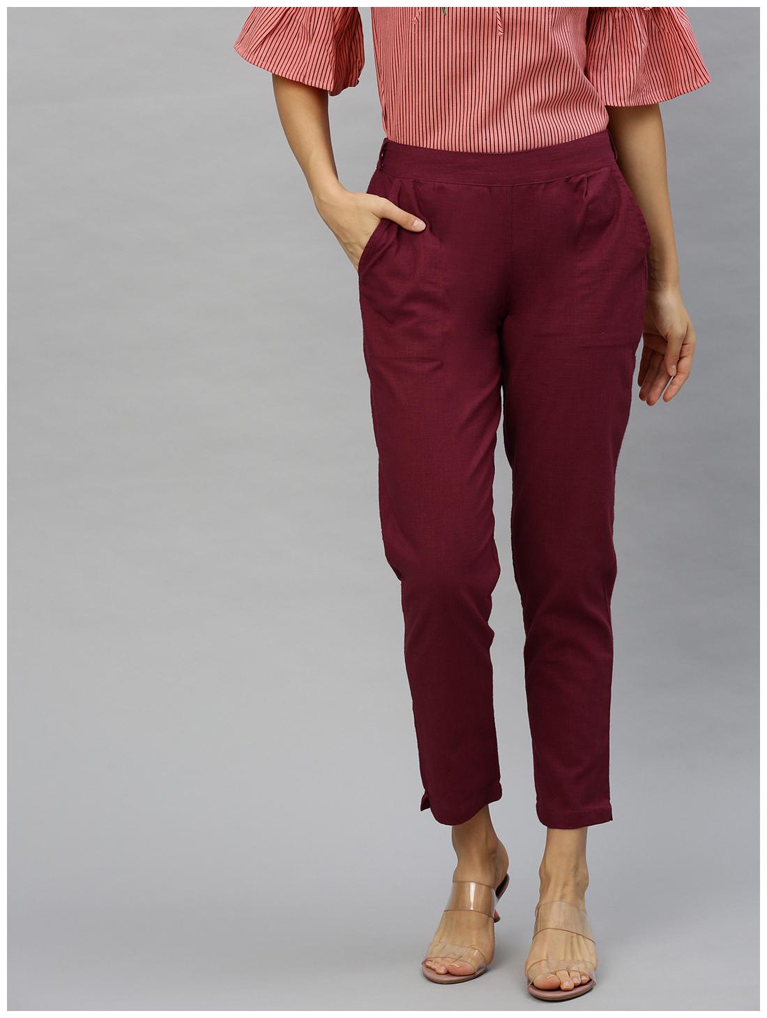 

Yash Gallery Cotton Solid Maroon Trouser Pant For Women