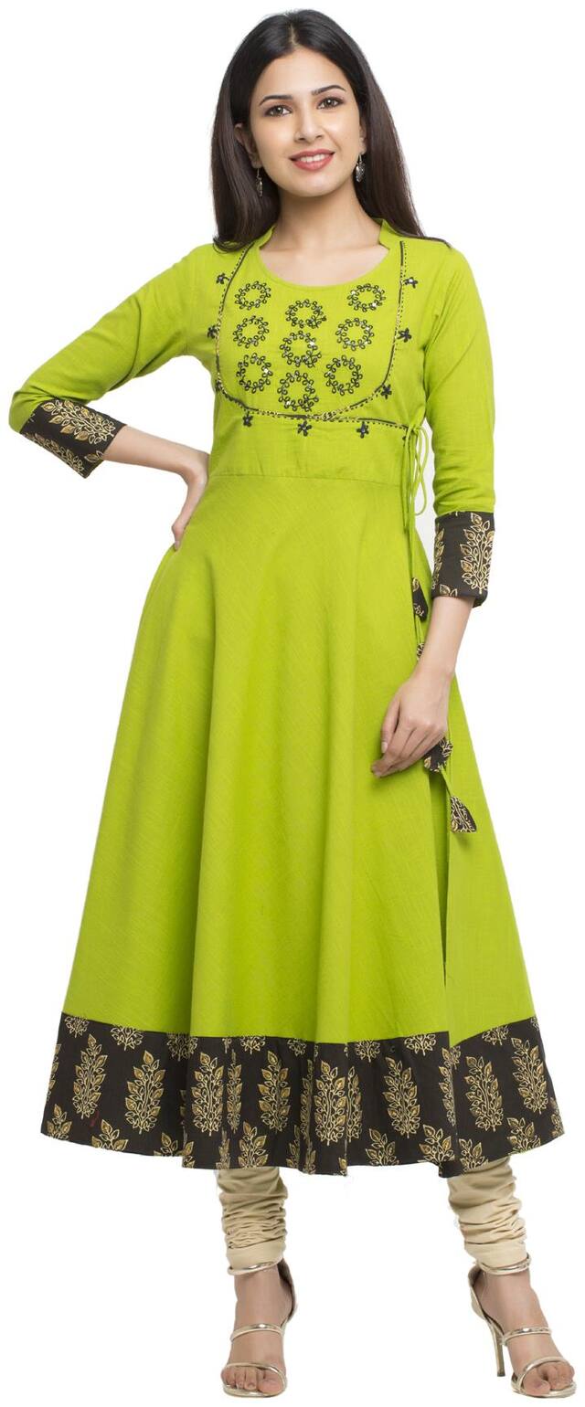 Yash Gallery Women Green Embroidered Angrakha Kurta