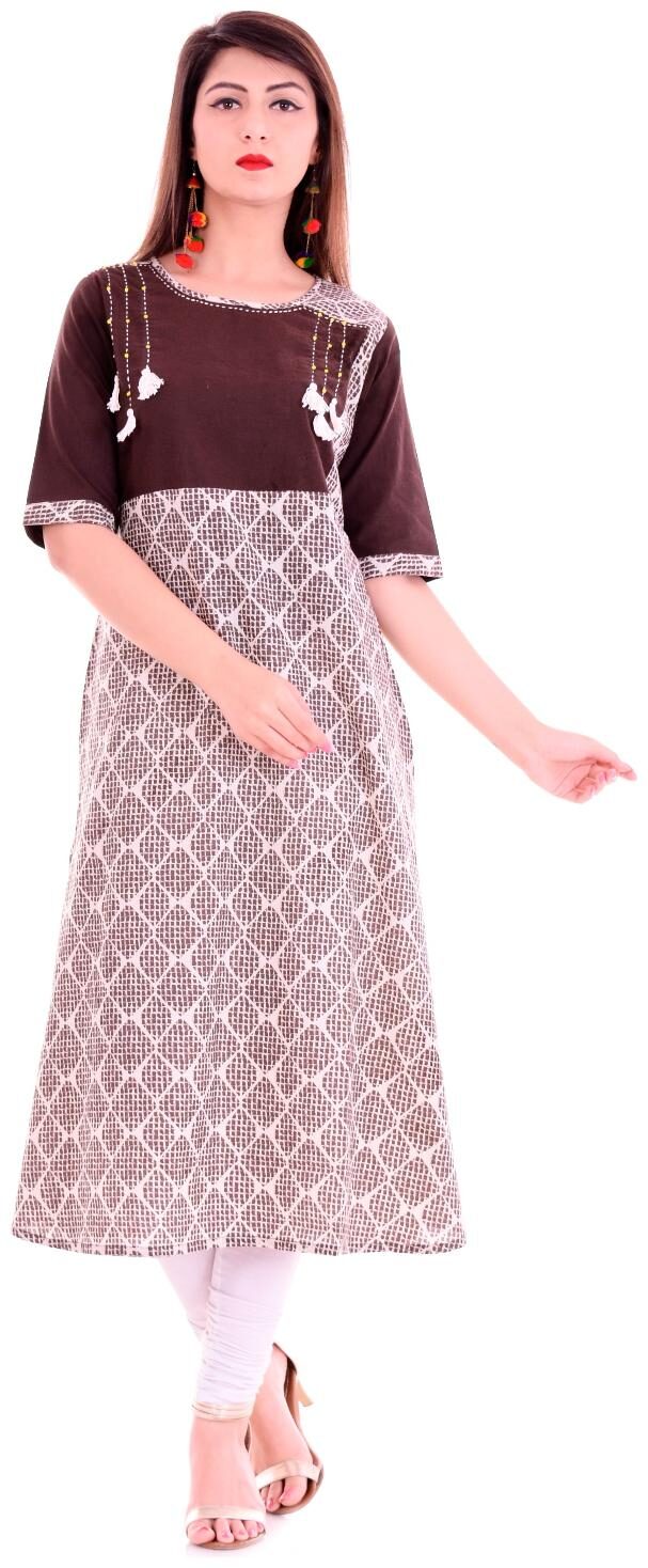 

Yash Gallery Elegant Women s Cotton Brown Printed A-Line Kurta