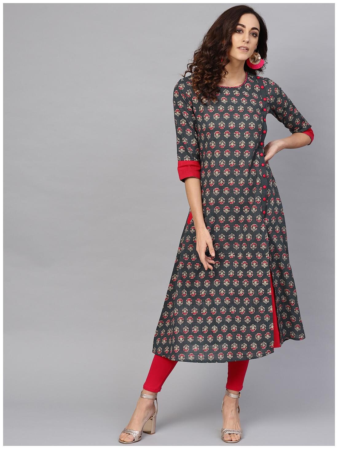 

Yash Gallery Women Cotton A Line Kurta -Grey