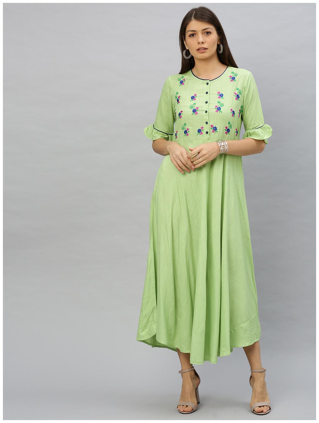 

Yash Gallery Viscose Rayon Embroidered Green Color Kurta Dress For Women