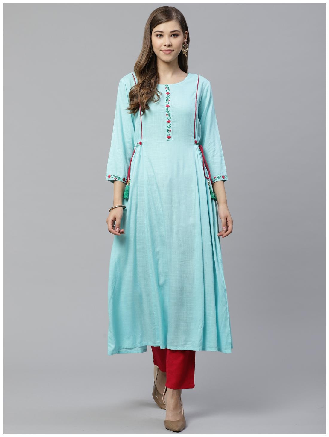 

Yash Gallery Viscose Rayon Blue Embroidered Kurta Pants for Women