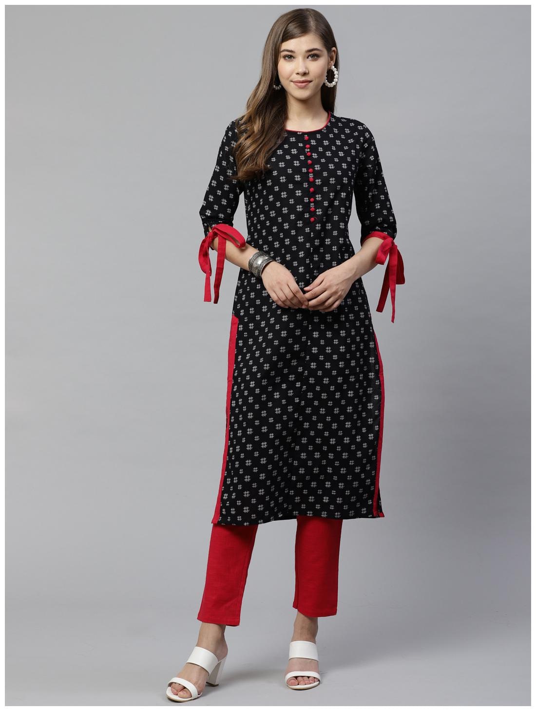 

Yash Gallery Women Black Printed Straight Kurta With Pants