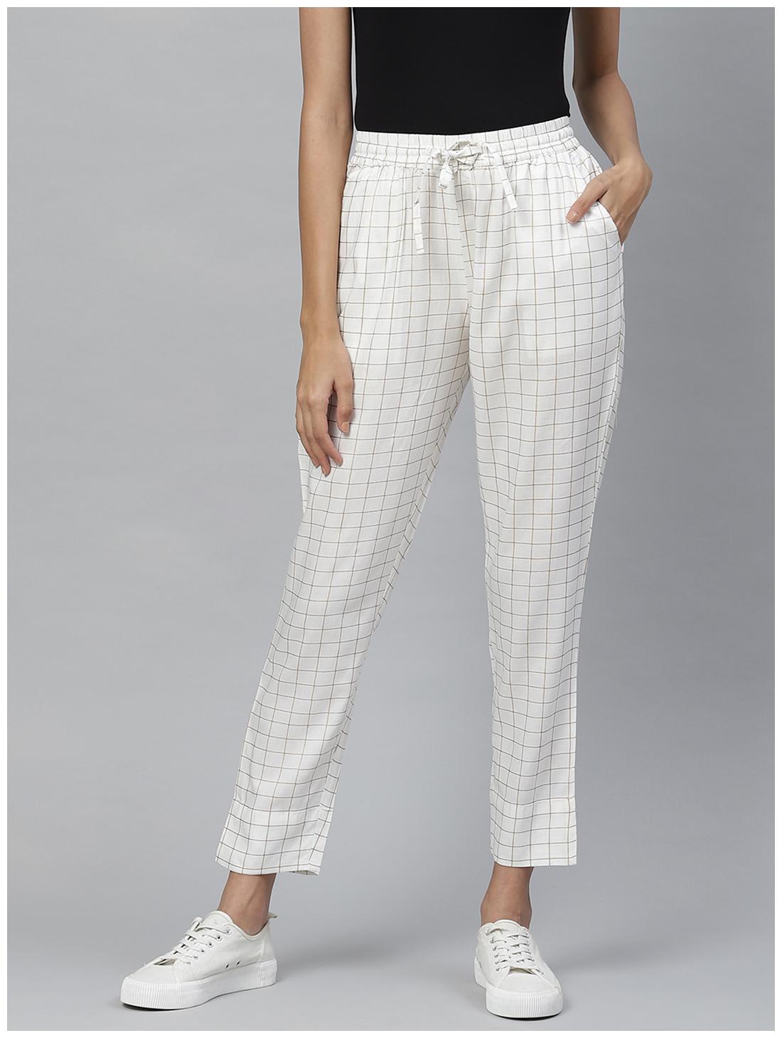 

Yash Gallery Viscose Rayon Checked White Trouser Pants For Women