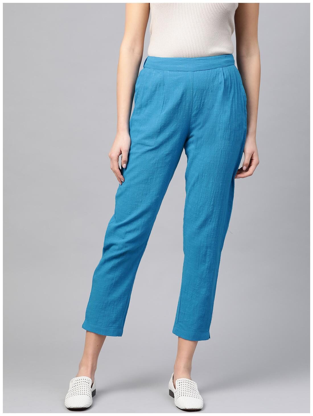 

Yash Gallery Women Blue Cotton Solid Trouser Pant