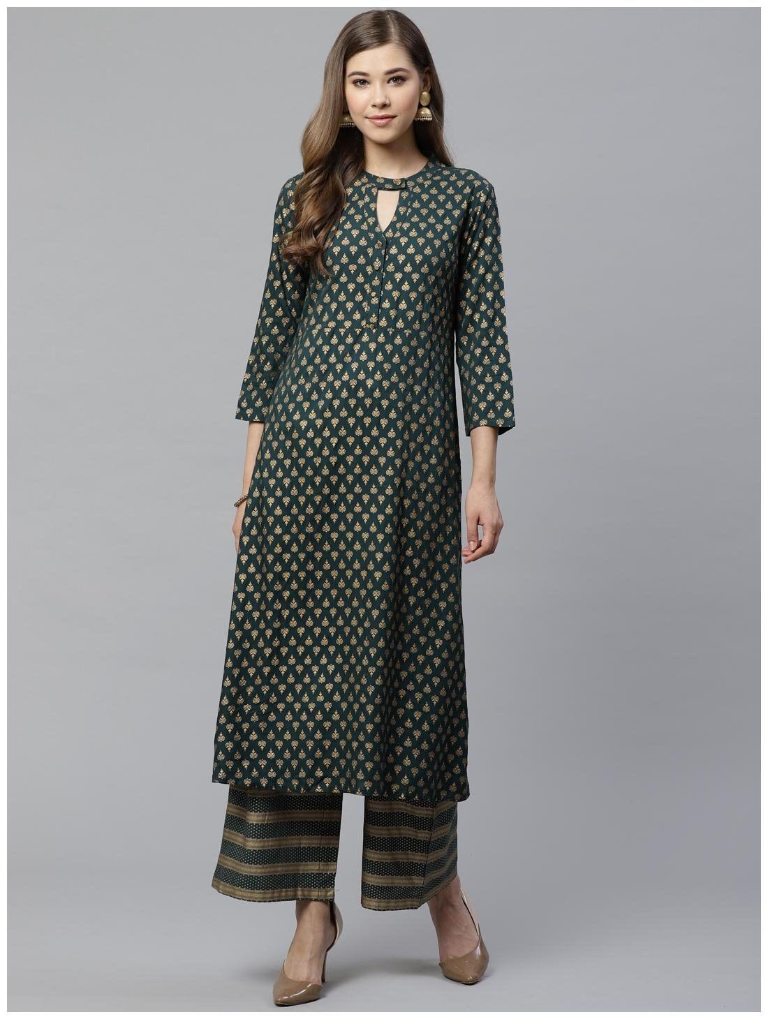 

Yash Gallery Viscose Rayon Green Printed Kurta Palazzo For Women