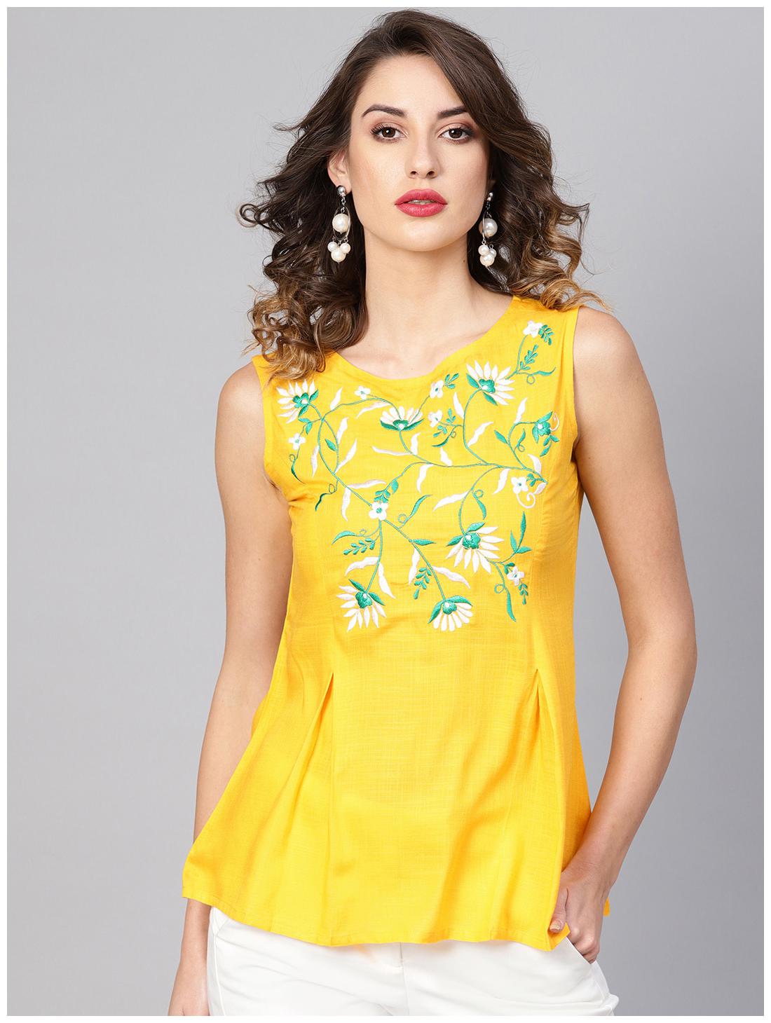 

Yash Gallery Women Embroidered Regular top - Yellow