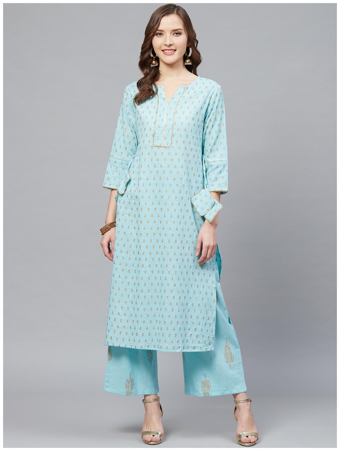 

Yash Gallery Women Blue Printed Straight Kurta With Palazzo