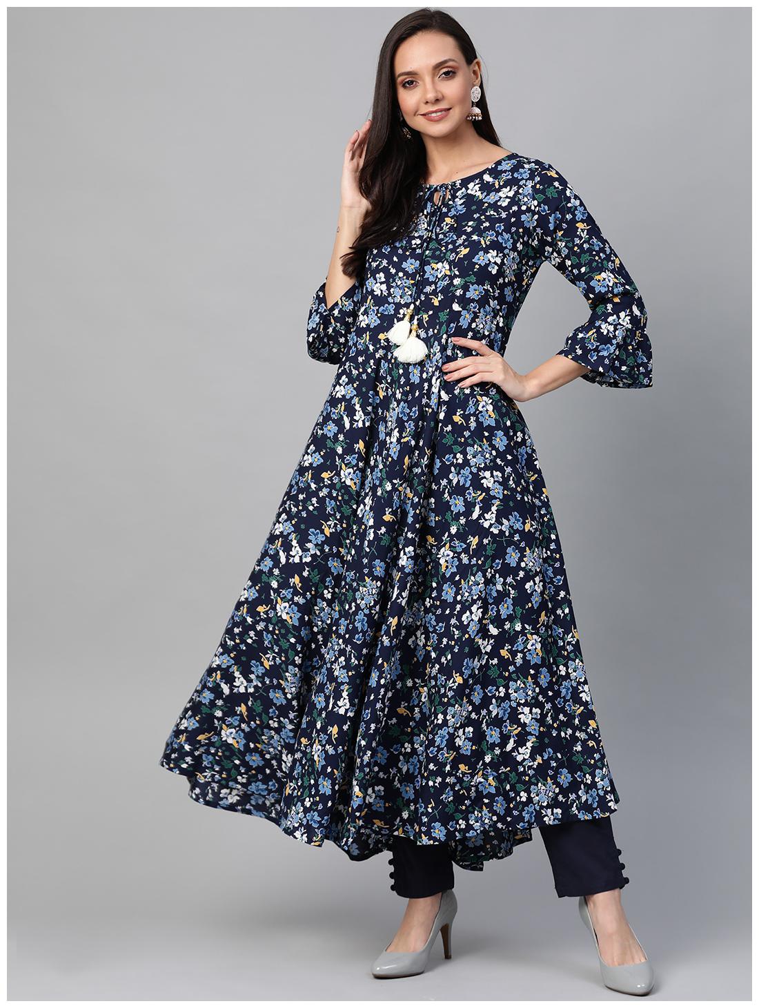 

Yash Gallery Women Blue Floral Fit and Flare Kurta