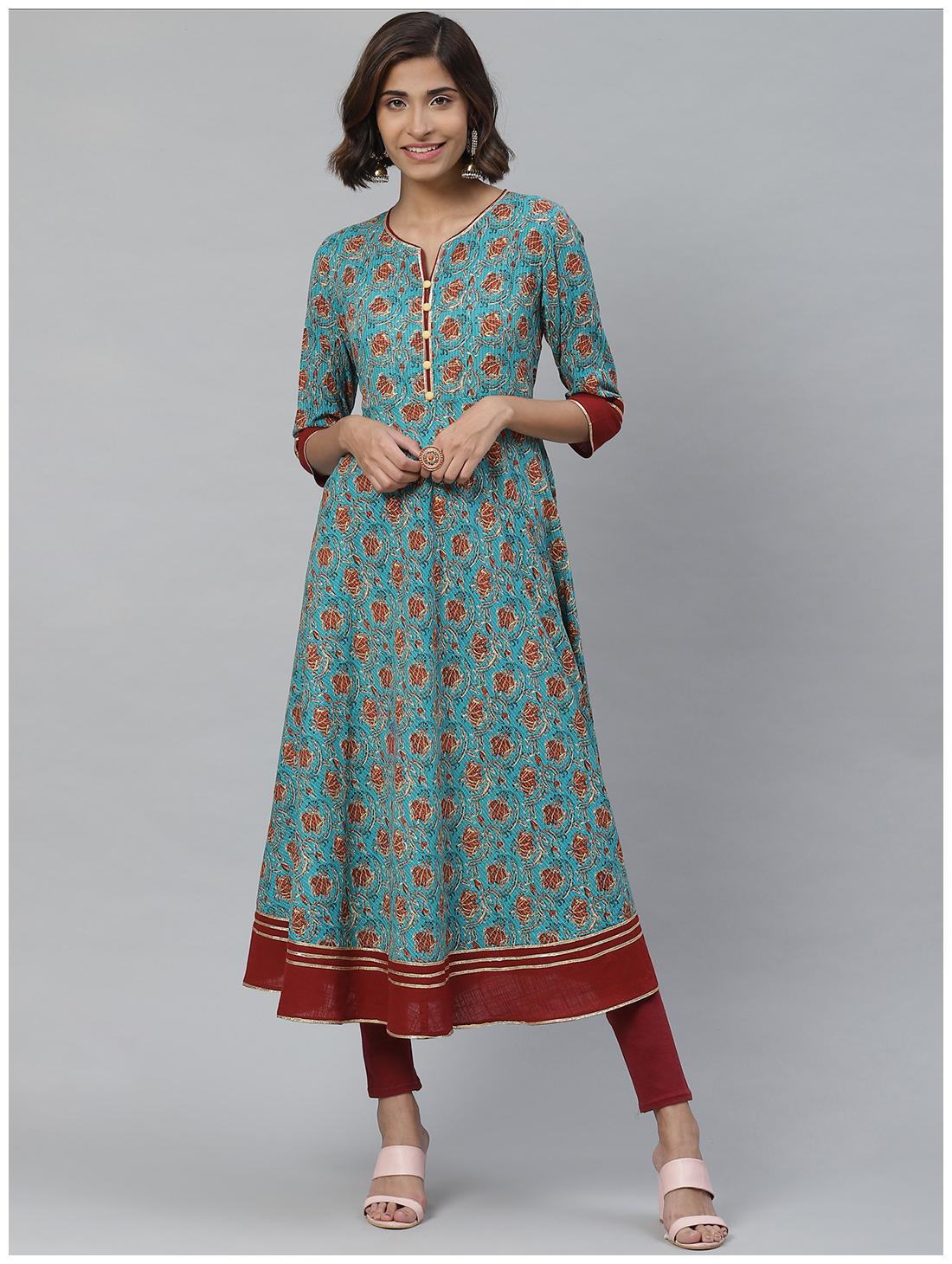 

Yash Gallery Women Blue Floral Fit and Flare Kurta