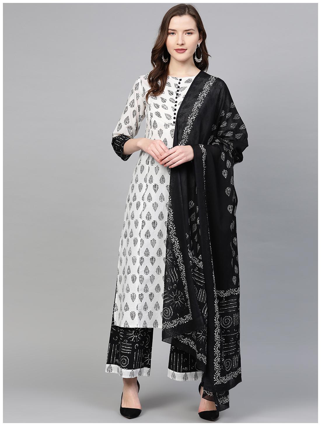 

Yash Gallery Women White Black Printed Straight Kurta With Palazzo And Dupatta