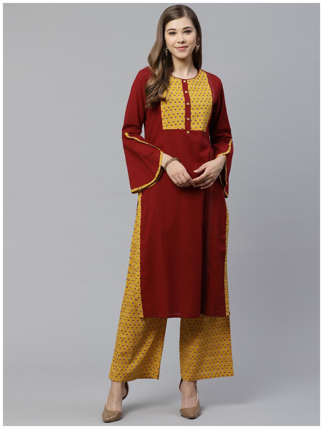

Yash Gallery Women Maroon Printed Straight Kurta With Palazzo