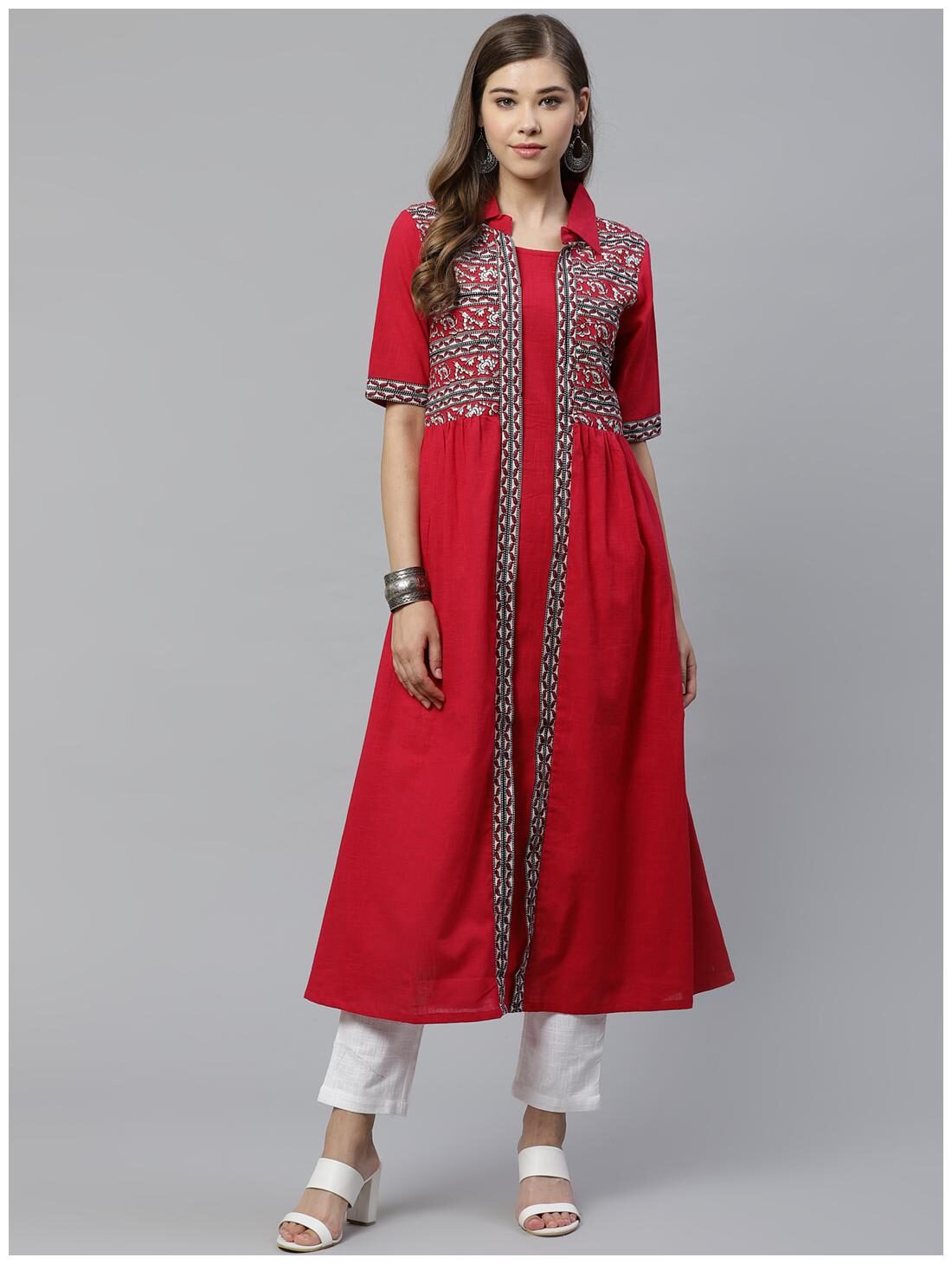 

Yash Gallery Women Red Printed Regular Kurta With Pants