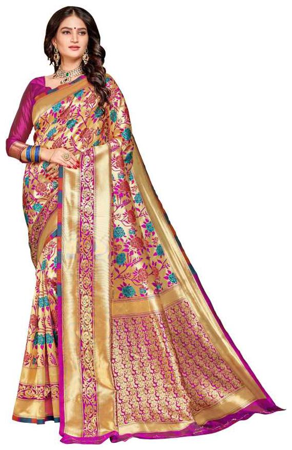 

YASUBEE FASHION Pink Floral Banarasi Designer Saree With Blouse With blouse