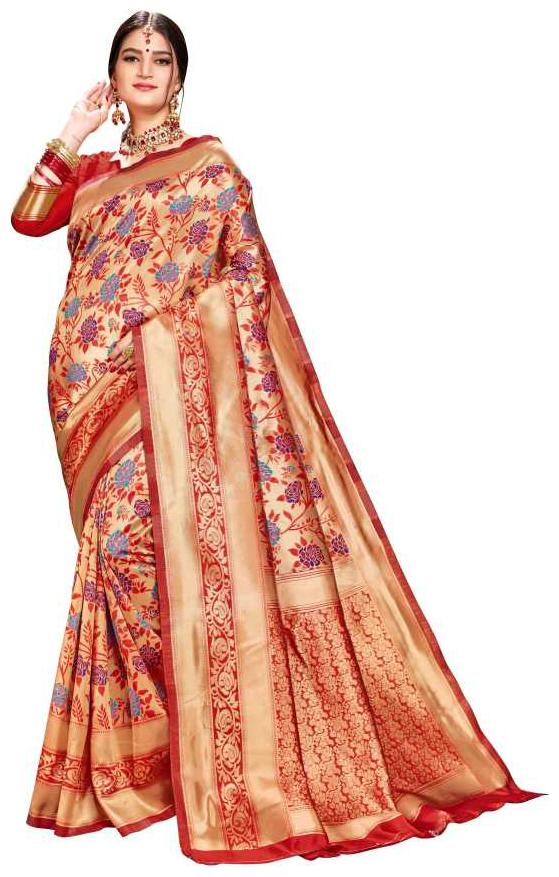 

YASUBEE FASHION Red Woven Banarasi Designer Saree With Blouse With blouse