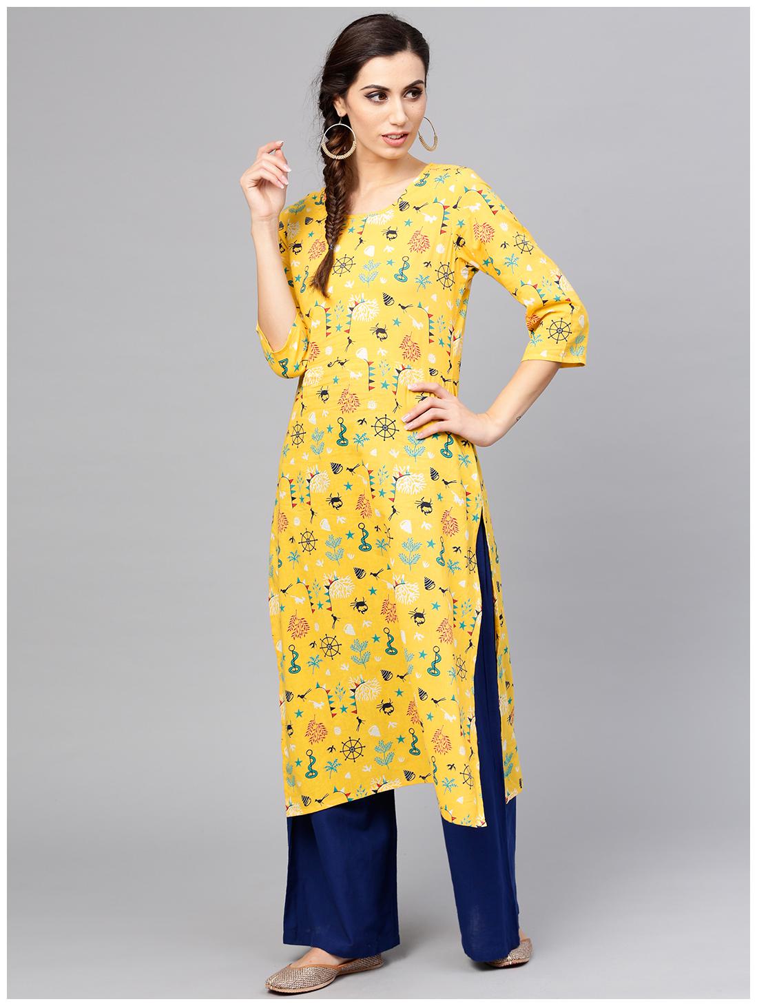

AASI- HOUSE OF NAYO Women Yellow Printed Straight Kurta