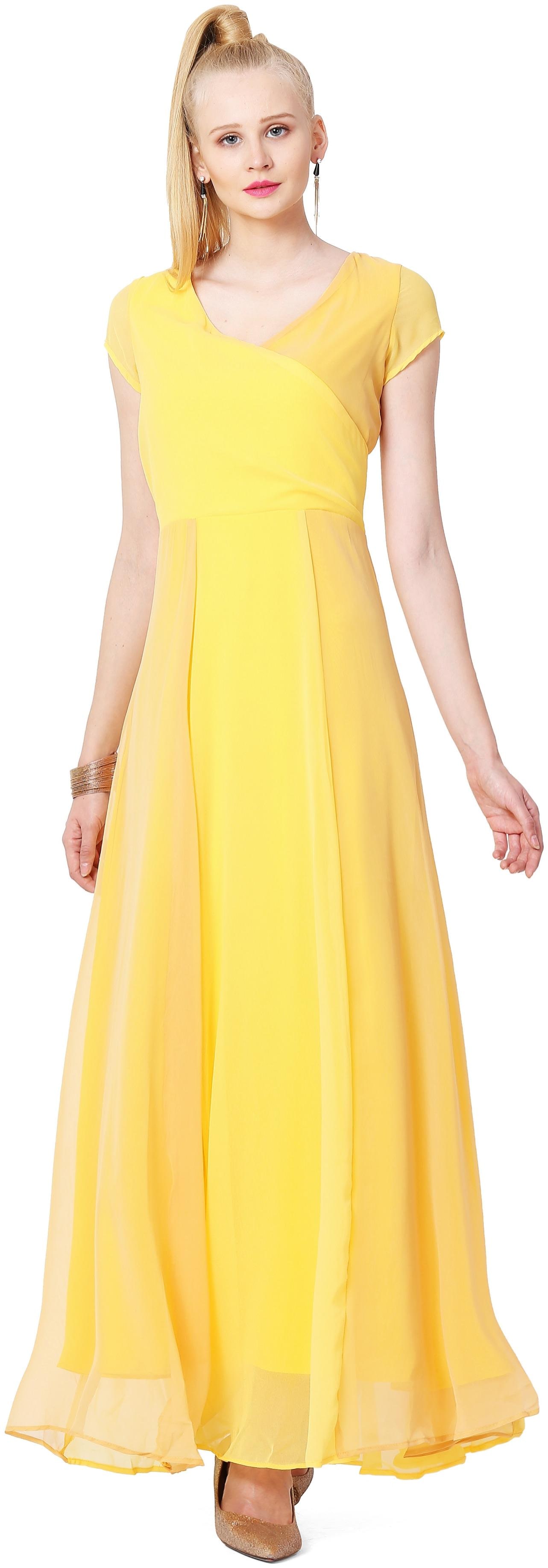 

YELLOW BEIGE TWO SHADE OVERLAP CAP SLEEVE GOWN