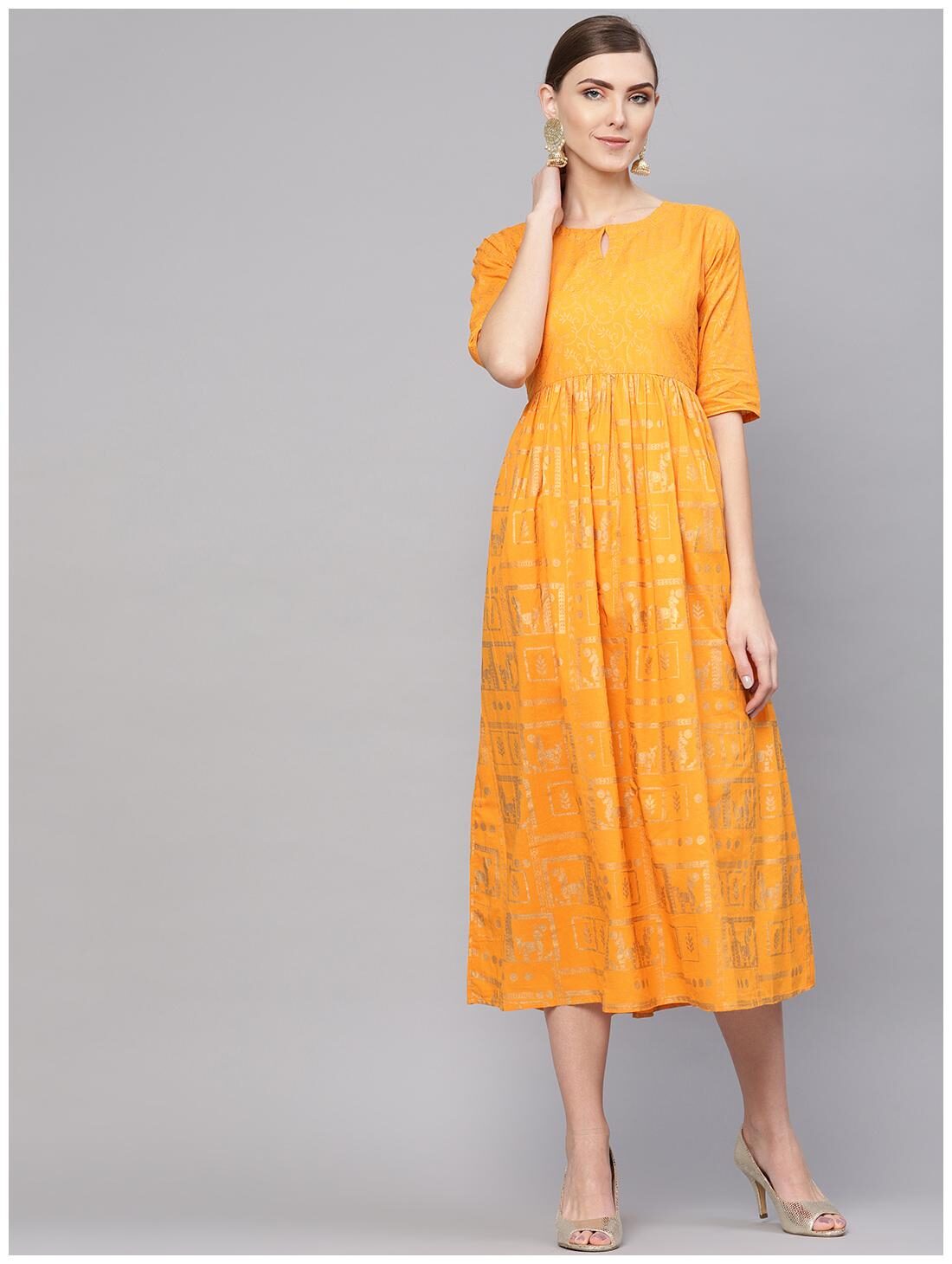 

Yellow Cotton Block Printed Fit And Flared Maxi Dress