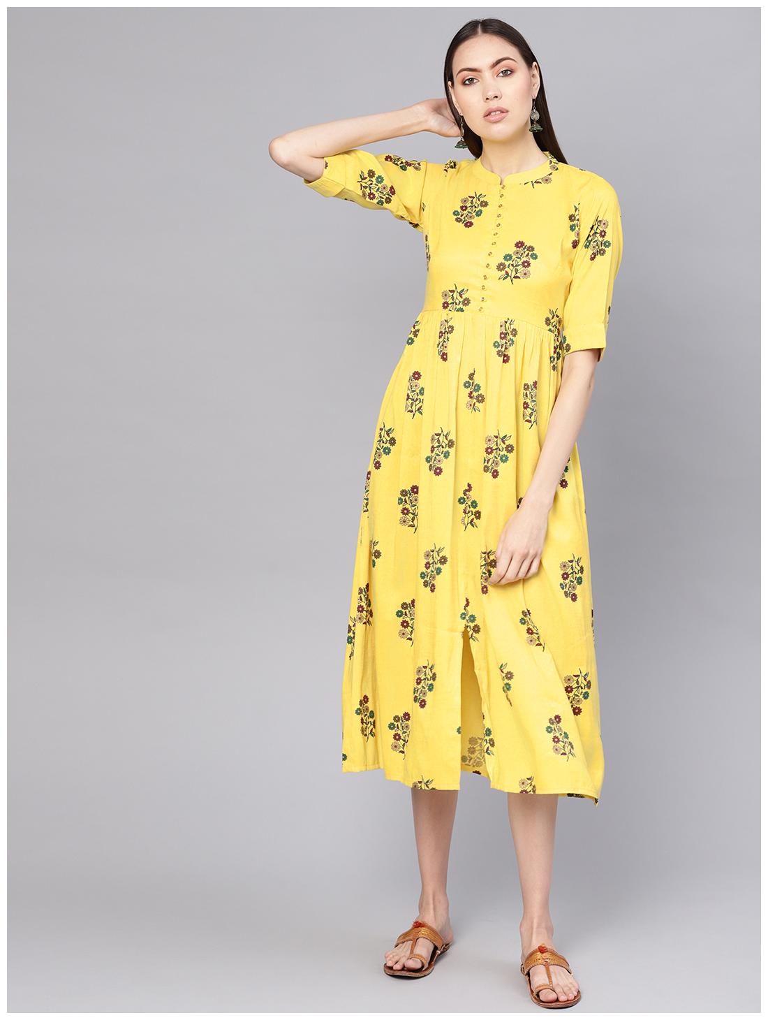 

Yellow Cotton Printed Fit And Flared Maxi Dress