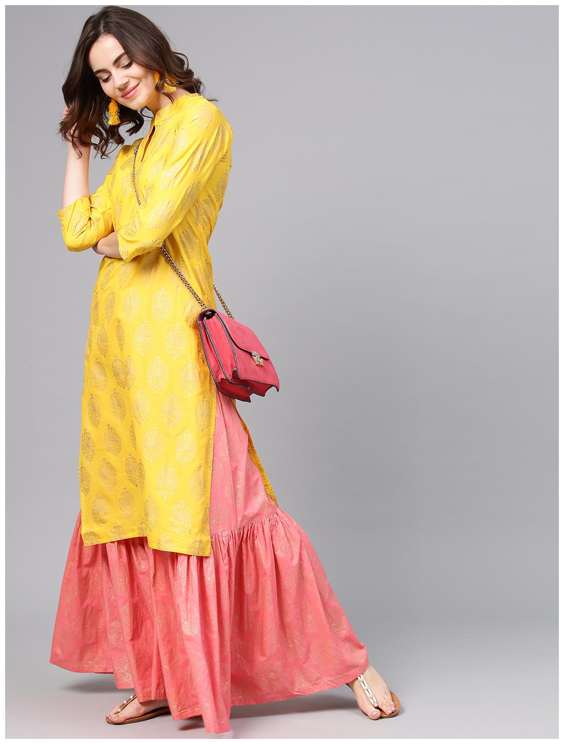 

AASI- HOUSE OF NAYO Women Yellow Floral Straight Kurta With Sharara