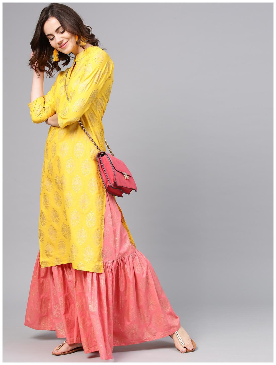 

AASI- HOUSE OF NAYO Women Yellow Floral Straight Kurta With Sharara