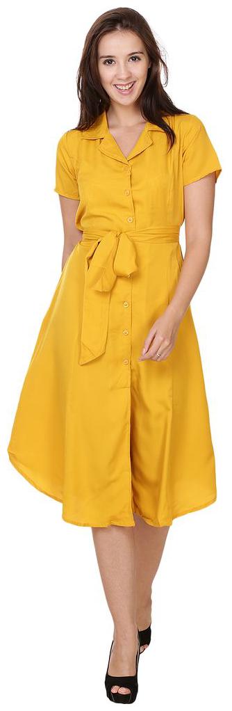 

Yellow Plain Belt Buttons Pleated Turn down Collar Midi Dress