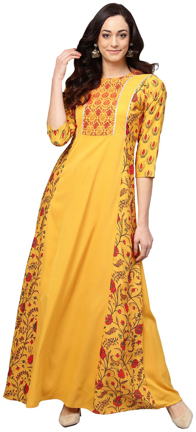 

Yellow Printed A-Line Kurta