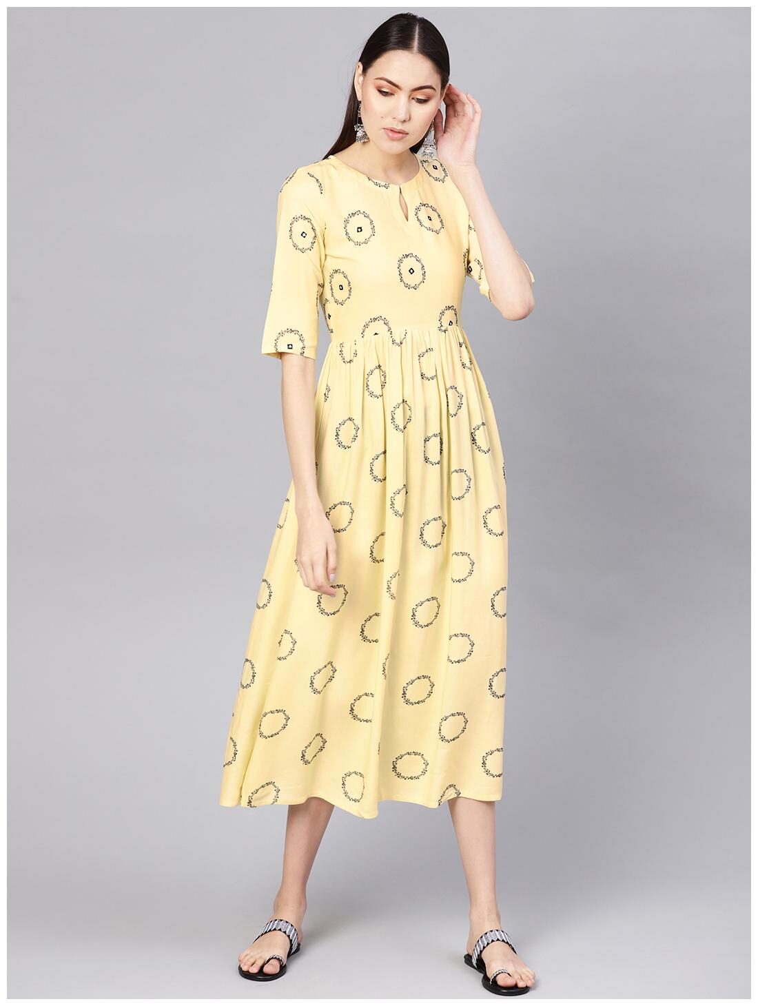 

Yellow Rayon Printed Aline Fit And Flared Maxi Dress