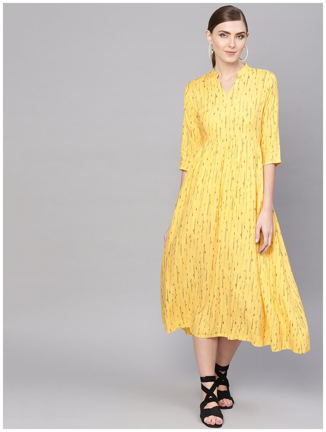 

Yellow Rayon Printed Fit And Flared Maxi Dress