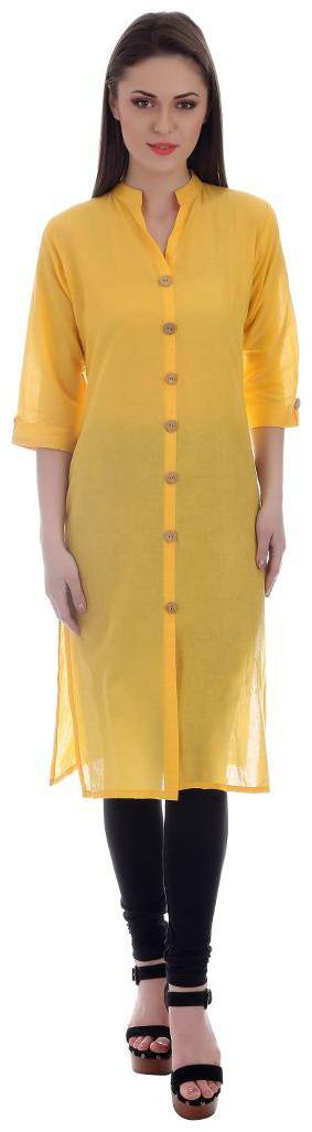 Yellow Solid Front Buttons Cotton Kurta